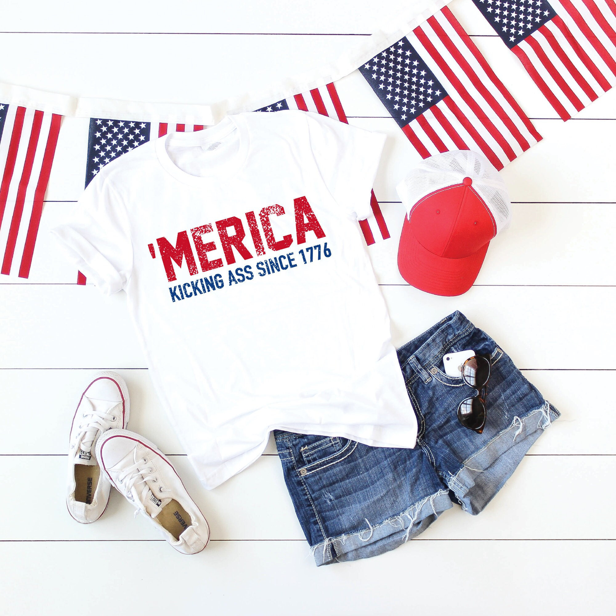 Women's American Flag V-Neck T-Shirt - Patriotic 4th Of July Tee, Stars & Stripes Graphic (Grey, XX-Large)