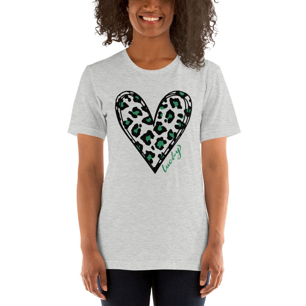 St. Patrick's Day Women's T-Shirt | Shamrock Heart Leopard Print Graphic Tee For Irish Celebration