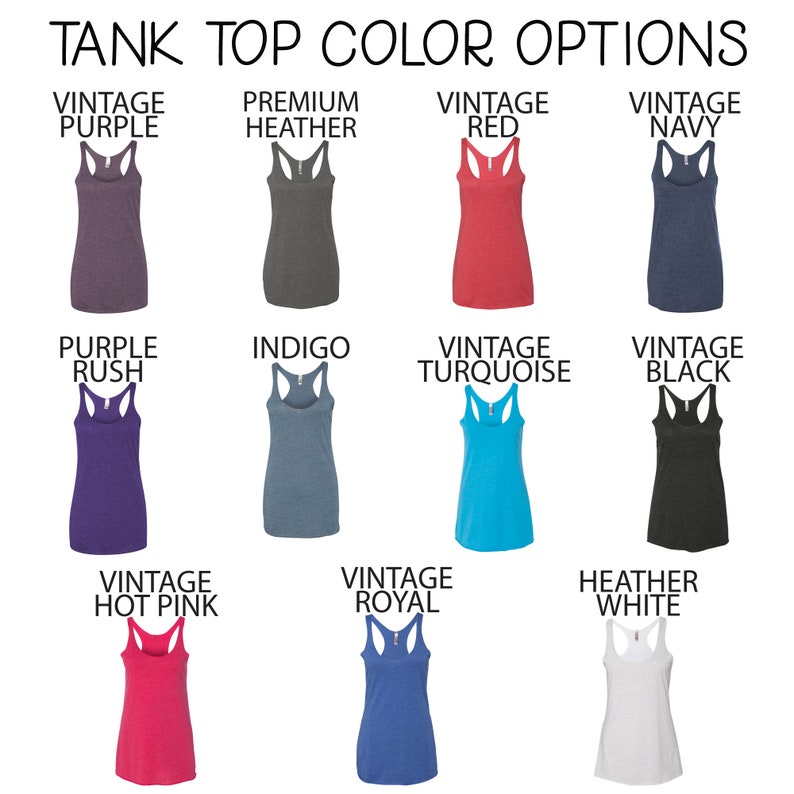 Puede incluir: Un gr&aacute;fico que muestra 12 opciones de color diferentes para camisetas sin mangas. Los colores incluyen morado vintage, jaspeado premium, rojo vintage, azul marino vintage, morado rush, &iacute;ndigo, turquesa vintage, negro vintage, rosa vintage, azul real vintage, blanco jaspeado.