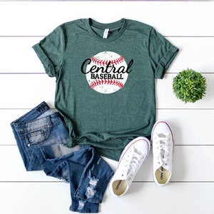 May include: A green t-shirt with a distressed white baseball graphic and the text "Central Baseball" in black.