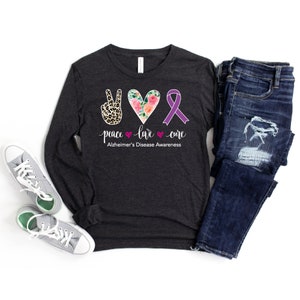 Alzheimers Disease Awareness Shirt, Alzheimer's Shirts, Alzheimers Awareness Tee, Purple Ribbon, End Alz, Peace Love Cure TShirt, Dementia