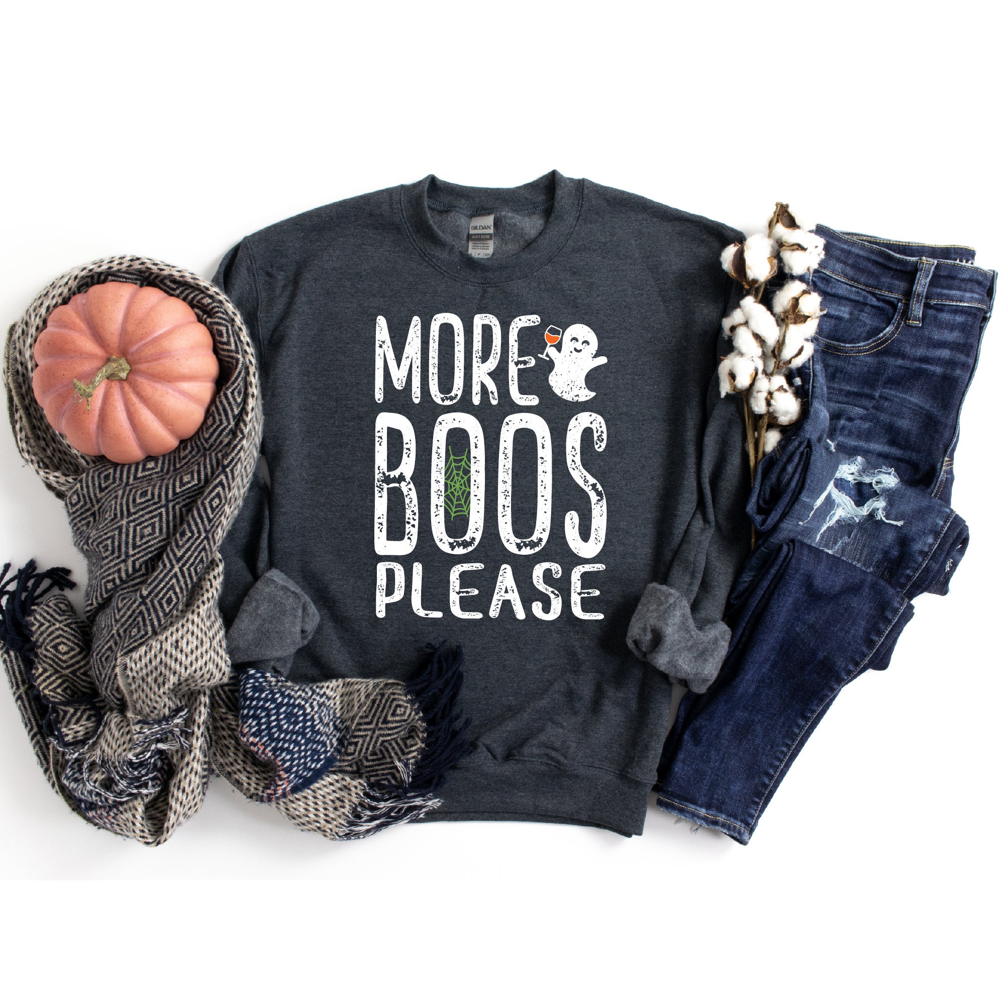 SimplySplendidStudio Halloween Sweaters for Women, Halloween Sweatshirt Women, More Boos Please, Ghost Shirt, Funny Halloween Shirts, Cute Costume Party Outfit