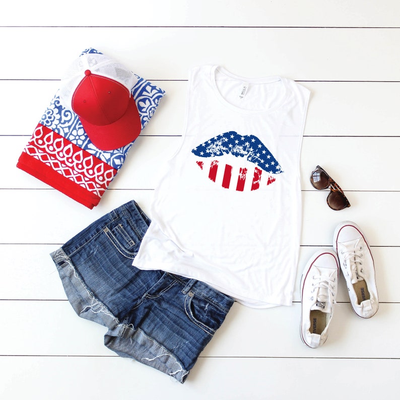 4th of July Tank Top for Women Womens Muscle Tank Cute Womens 4th of July Tanks USA Lips American Flag Lips Shirt July 4th Tanks Women