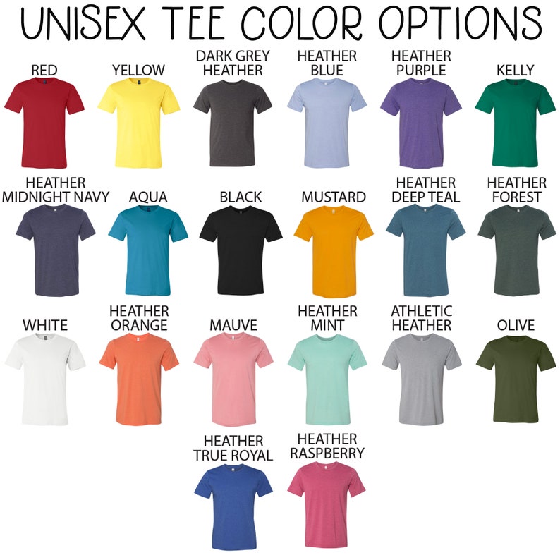 Pu&ograve; includere: Un grafico che mostra 20 diversi colori di t-shirt unisex. I colori includono rosso, giallo, grigio scuro melange, blu melange, viola melange, verde kelly, blu notte melange, acquamarina, nero, senape, verde petrolio melange, verde bosco melange, bianco, arancione melange, malva, menta melange, grigio melange atletico, oliva, blu reale melange e lampone melange.