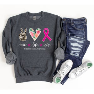 Breast Cancer Shirt, Breast Cancer Survivor Gift, Long Sleeve Breast Cancer Awareness Sweatshirt, Pink Ribbon, Chemo Shirt, Peace Love Cure
