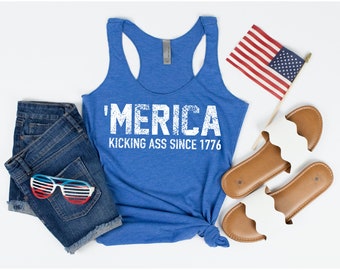 4th of July Tank Top, 'Merica Kicking Ass Tank, Funny 4th of July Shirt for Women, American Flag Shirt, Funny Tank Top, Cute USA Tank Tops
