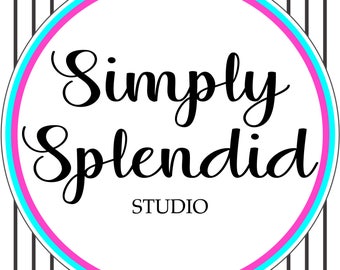 May include: A white circle with a pink and blue border, on a black and white striped background. The text "Simply Splendid STUDIO" is written in black cursive.
