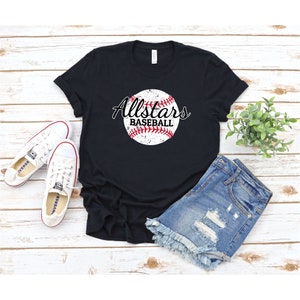 May include: Black t-shirt with a white baseball graphic and the text "Allstars Baseball".