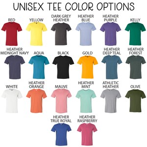 K&ouml;nnte beinhalten: Ein Diagramm mit 20 verschiedenen Unisex-T-Shirt-Farben. Die Farben sind in drei Reihen mit jeweils sieben Farben angeordnet. Die Farben umfassen Rot, Gelb, Dunkelgrau meliert, Blau meliert, Lila meliert, Kellygr&uuml;n, Dunkelblau meliert, Aqua, Schwarz, Gold, Dunkelblau meliert, Waldgr&uuml;n meliert, Wei&szlig;, Orange meliert, Mauve, Mint meliert, Sportgrau meliert, Oliv, K&ouml;nigsblau meliert und Himbeer meliert.