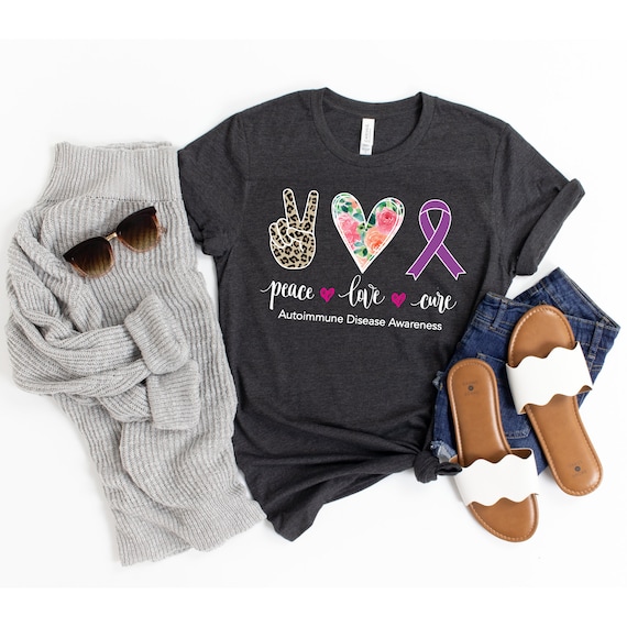 Autoimmune Disease Awareness Shirt, Leukemia Tees, Lupus, Fibromyalgia, Alzheimers, Cystic Fibrosis, Hodgkins Crohns, Peace Love Cure TShirt