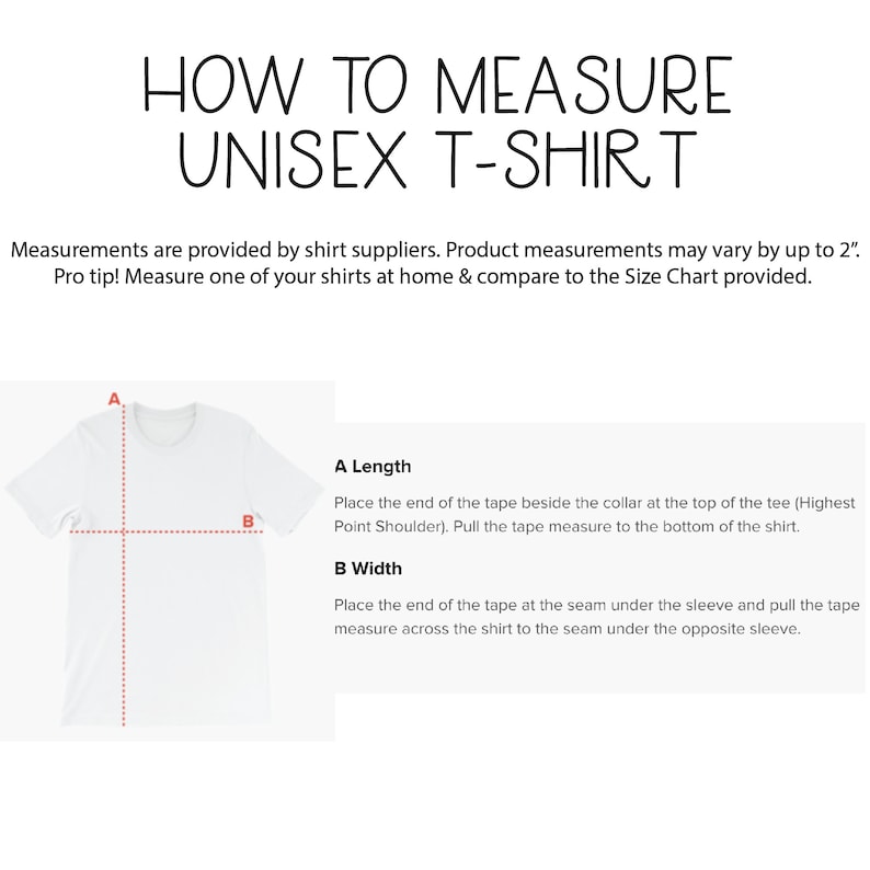 Pode incluir: Diagrama mostrando como medir uma camiseta unissex. O diagrama mostra uma camiseta branca com linhas vermelhas que indicam onde medir o comprimento e a largura. O texto explica como medir o comprimento e a largura da camiseta.
