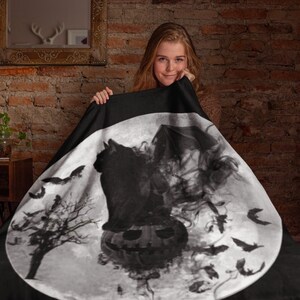 Batcat Black Cat Moon Soft Touch Throw Blanket - Gothic Bat Cat Halloween Spooky Jackolantern Bats Full Moon Witchy Blanket