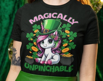 Magically Unpinchable Unicorn TShirt, St Paddys Day Rainbow Unicorn Shirt, Cute Funny St Patricks Day Shamrocks Clovers Unisex T-Shirt