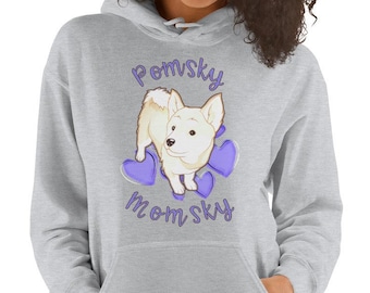 May include: A gray hooded sweatshirt with a white dog illustration and the text "Pomsky Momsky" in purple.