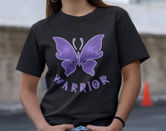 May include: Black t-shirt with a purple butterfly graphic and the word "WARRIOR" printed below it.