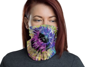 Tie Dye Bandana Face Mask - Purple Pink Yellow Hippie Neck Gaiter - Tie Dye Vintage Boho 60's Face Shield Headband