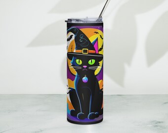 Vaso de acero inoxidable colorido con alas de murciélago y gato negro de Batcat, vaso de murciélagos de bruja de luna llena de Halloween