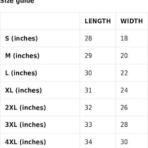 May include: Size guide chart showing length and width measurements in inches for sizes S through 4XL.