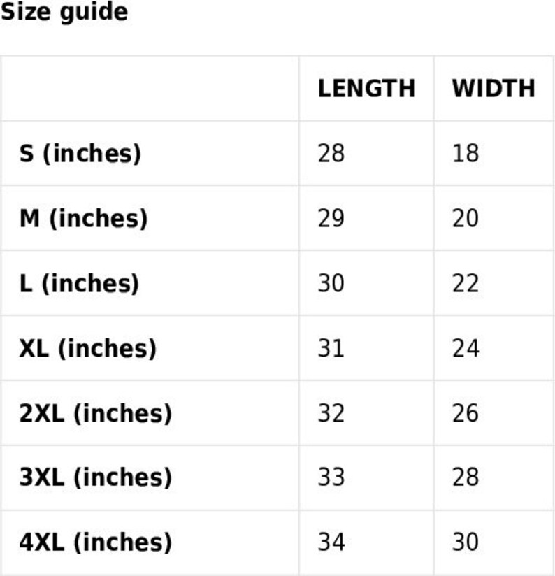 May include: Size guide chart showing length and width measurements in inches for sizes S through 4XL.