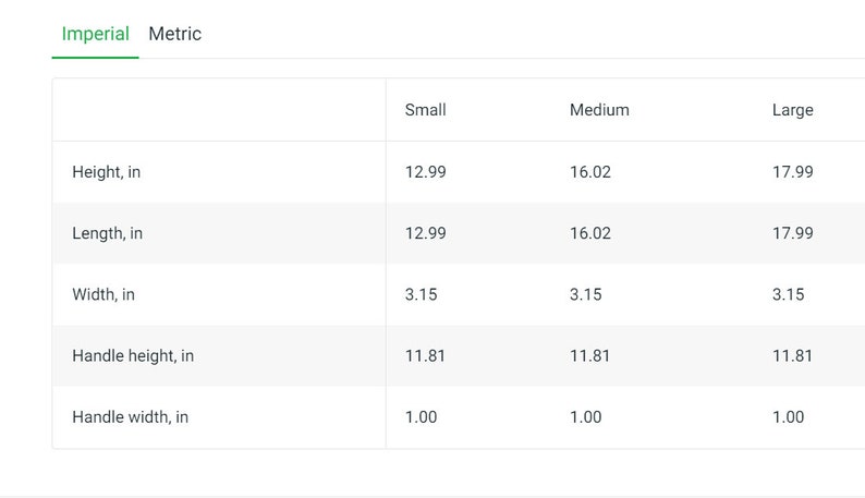 May include: A table showing the dimensions of a tote bag in inches. The table lists the measurements for small, medium, and large tote bags. The measurements include height, length, width, handle height, and handle width.