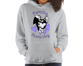May include: Gray hooded sweatshirt with a black and white cartoon husky dog wearing a purple heart collar. The text "Pomsky Momsky" is printed on the sweatshirt in purple.