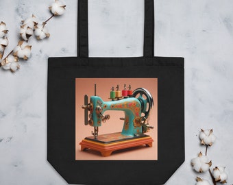 Organic Cotton Tote Bag with Fantasy Sewing Machine / Ebony or Ivory Color Gorgeous Functional Roomy FUN!