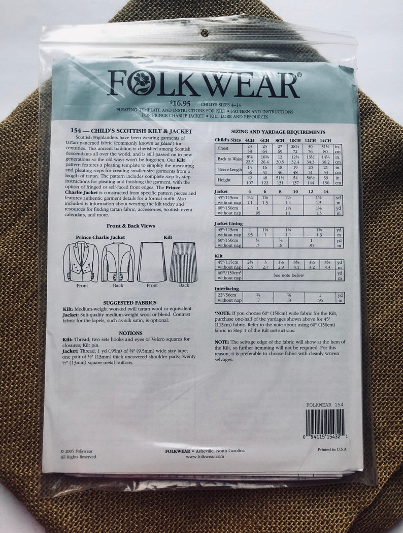 NEW Child/'s Scottish Highlanders Kilt and Prince Charlie Jacket Paper Sewing Pattern Authentic Folkwear #154 Child/'s Size 4-14 UNCUT