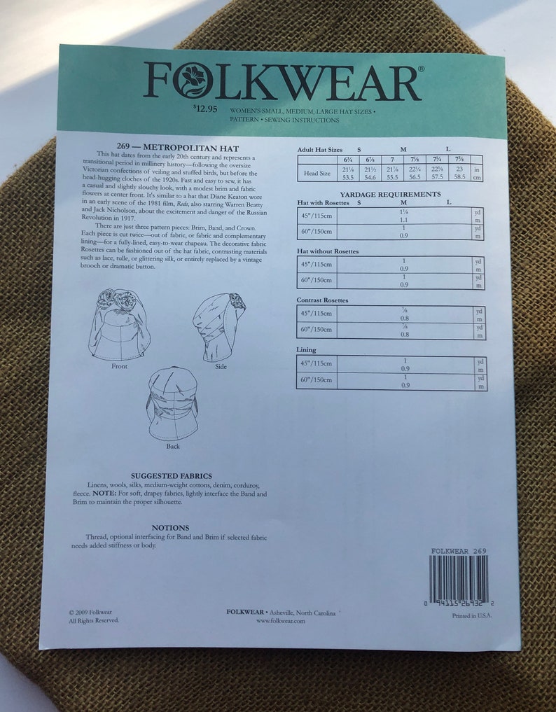 Folkwear 269 1920's Metropolitan Hat Paper Sewing Pattern Gorgeous, Fast & Easy to Sew // Adult Hat Sizes Small Large // UNCUT NEW 画像 5