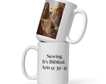 Mug/Coffee Cup with Tabitha/Gazelle/Dorcas Shopping for Fabric in Jaffa/Joppa Acts 9 / Who Peter Raised From the Dead  White Glossy 15 Ounce