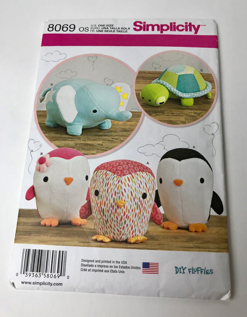 Turtle and Elephant Simplicity Sewing Pattern 8069 Stuffed Penguins