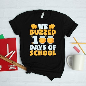 Bee 100 Days of School T-Shirt, Bees Kids Tee, Buzzed Through 100 Days, Cute 100th Day of School Shirt, Long Sleeve, Apparel Gift