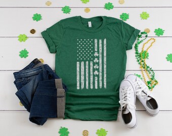 American Flag St. Patrick's Day USA Green Shirt | Irish American T-Shirt | USA Patriotic Shamrock Outfit Apparel