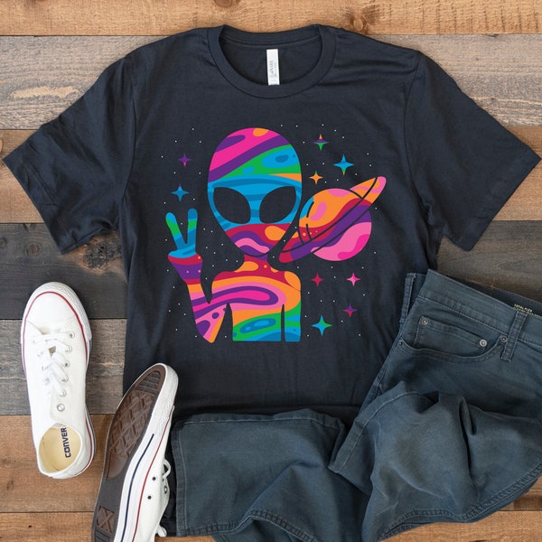 Colorful Alien Peace T-Shirt, Psychedelic Aliens Tank Top, Hoodie, Sweatshirt, Long Sleeve, Kids Tee Apparel Gift