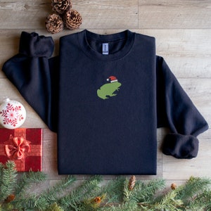 Embroidered Frog Santa Christmas Sweatshirt, Festive Holiday Crewneck, Unisex Winter Apparel