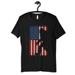 Bigfoot American Flag T-Shirt, Patriotic Sasquatch Hoodie, Women&#39;s Tee, Kids Tee, Long Sleeve, Sweatshirt