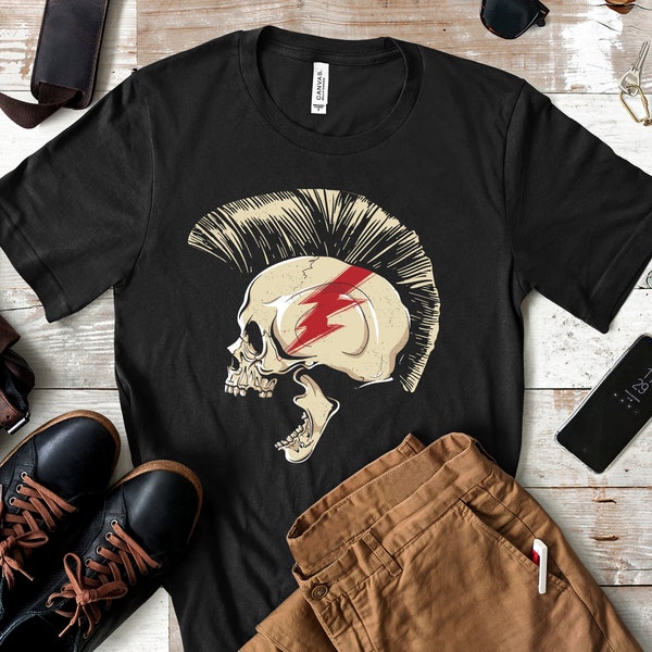 Punk Rock Skull Mohawk T-Shirt, Cool Rock Music Tank Top, Hoodie, Gothi Sweatshirt, Long Sleeve, Kids Tee Apparel Gift