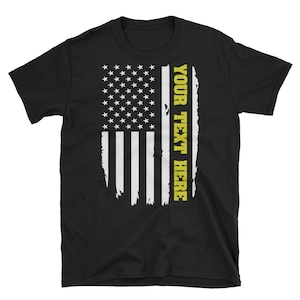 Personalized Custom Thin Gold Line 911 Dispatcher T-Shirt | USA American Flag Emergency Dispatching Gift