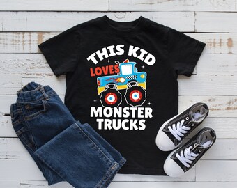 A este niño le encanta la camisa de Monster Trucks, la camiseta de Monster Truck Kids, la camiseta para niños pequeños, el traje para bebés