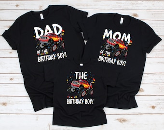 Monster Truck Birthday Boy Matching Family Mom Dad | T-Shirt |   T-Shirt Hoodie | Baby One Piece