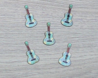 5 boutons guitare en bois peint motif Fleur Bleue