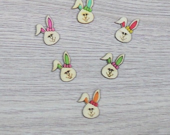 6 boutons lapin en bois peint multicolores