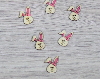 6 boutons lapin en bois peint couleur rose