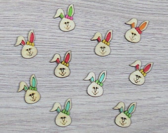 10 boutons lapin en bois peint multicolores