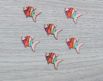 6 boutons poisson en bois peint couleur Rouge