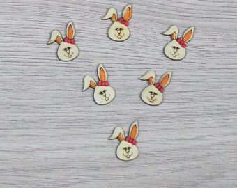 6 boutons lapin en bois peint couleur orange