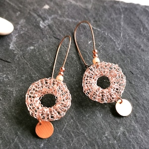 knitted wire earrings rose gold, knitted wire jewelry delicate, long copper earrings circle, crochet wire earrings 103