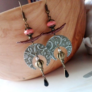 grüne Mond Ohrringe Horn, handgeprägte Japan Ohrringe aus Kaffeekapsel Upcycling Nespresso Schmuck, Ethno Emaille Tropfen Ohrringe 021