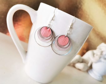runde Emaille Ohrringe rose mit silber Kreisen Ohrringe mit Recycling Scheiben Art Deco aus Kaffeekapsel Nespresso nachhaltig