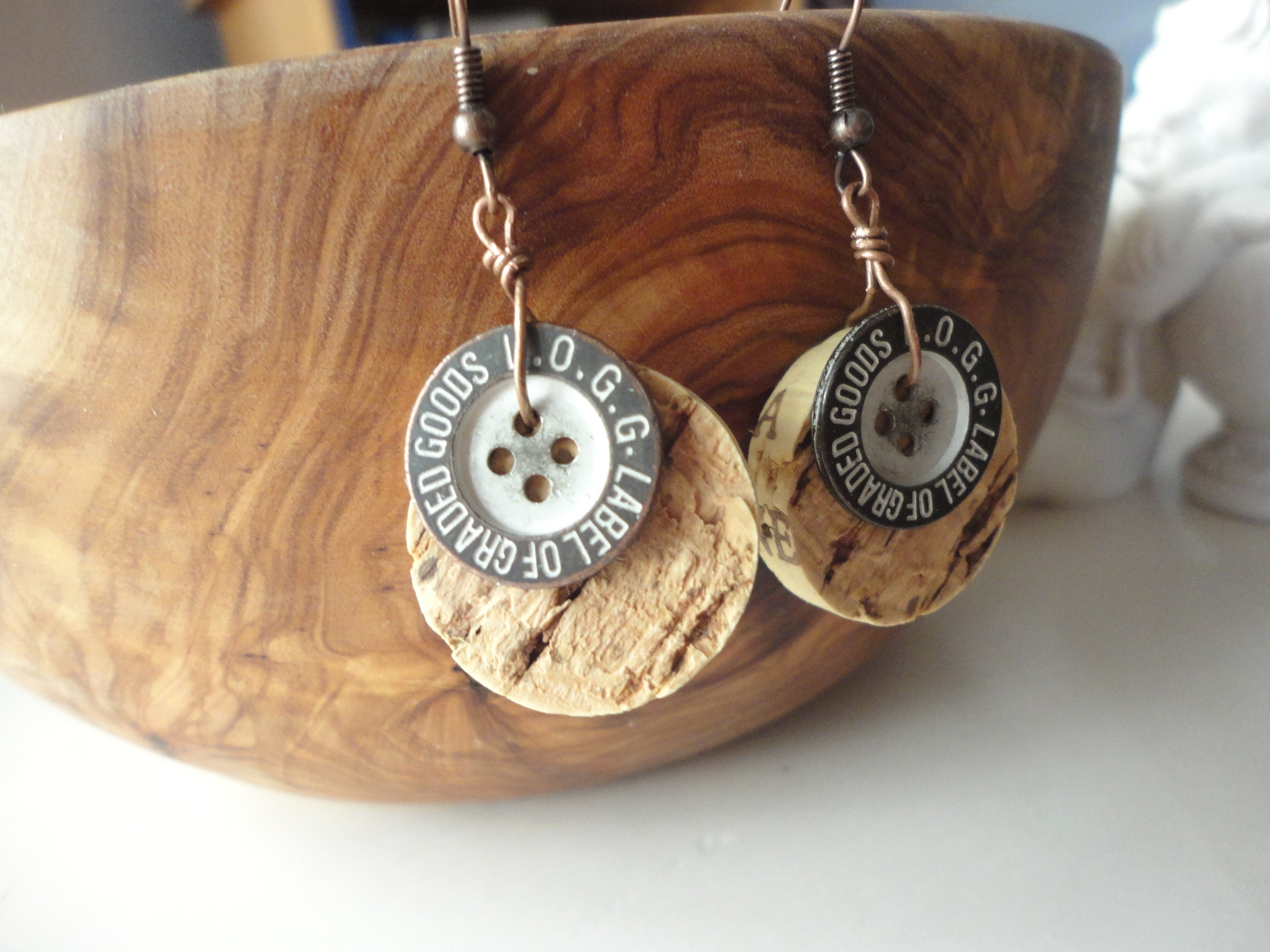 Wine cork earrings recycled earrings copper button earrings Etsy