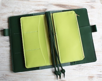 May include: A dark forest green leather notebook cover featuring a lime green interior insert. The insert includes a left-side panel with three horizontal card slots and a right-side panel with a zippered pocket. Three thin green elastic cords hang down.